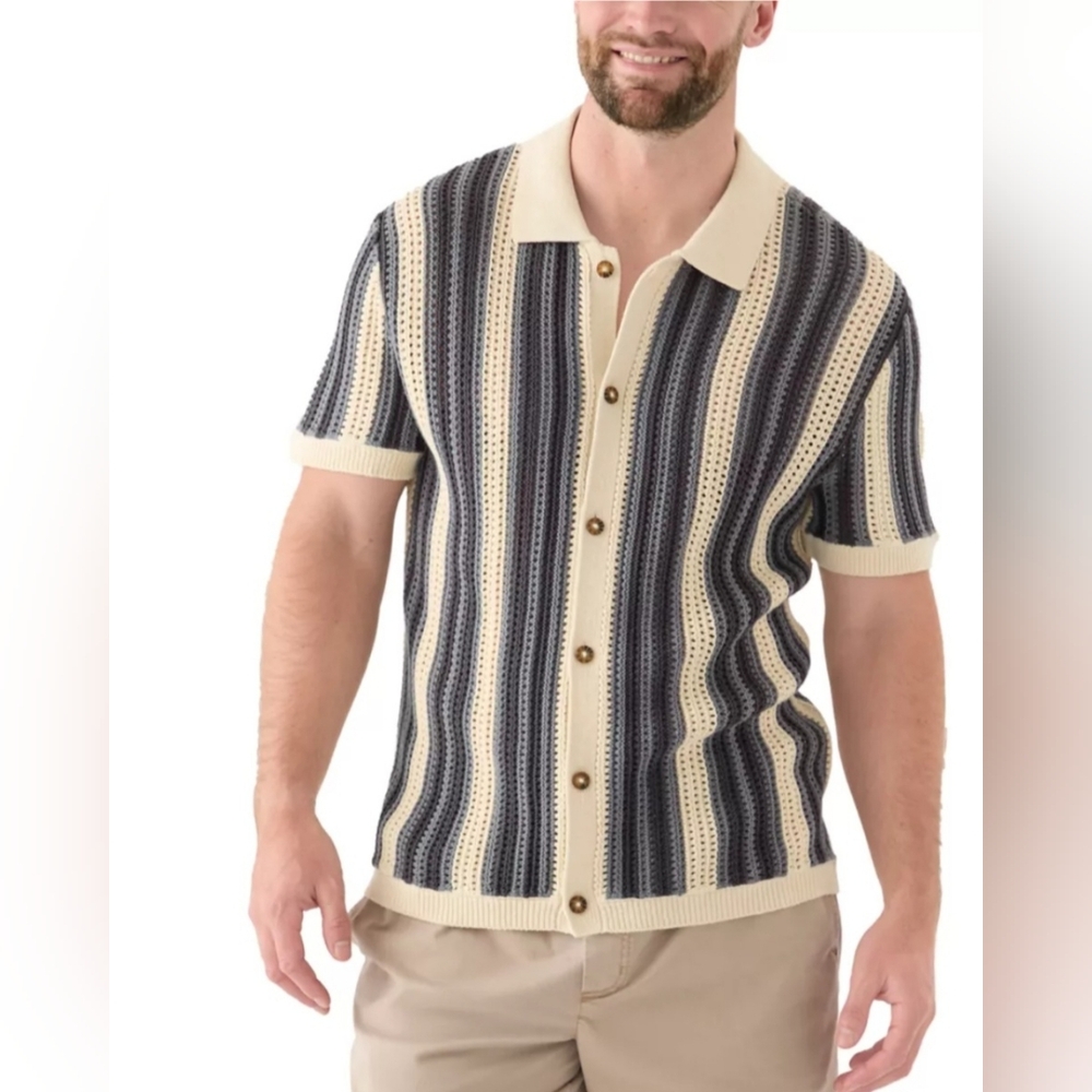 NWT Lucky Brand Men's Stripe Button Through Sweater In Whitecap Gray - Size M